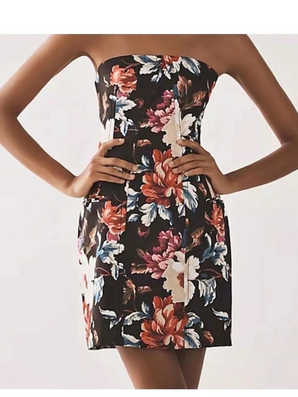 Anthropologie BL Motif Multicolor Strapless Mini Dress Floral Black XS